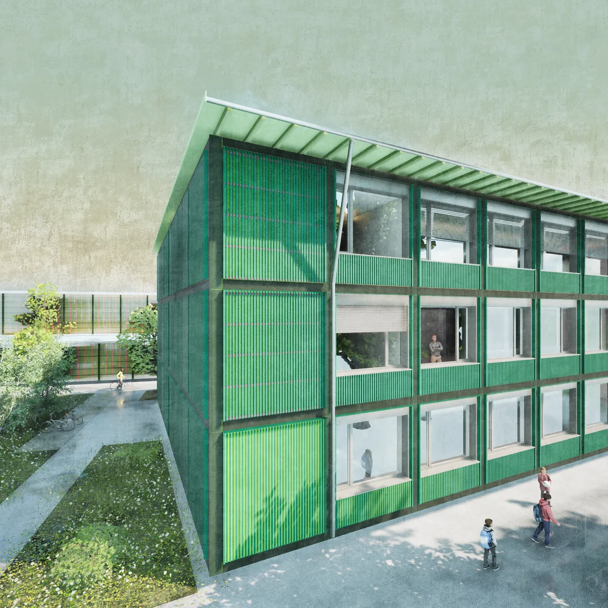Visualisierung eines Schulhauses mit grüner Fassade.